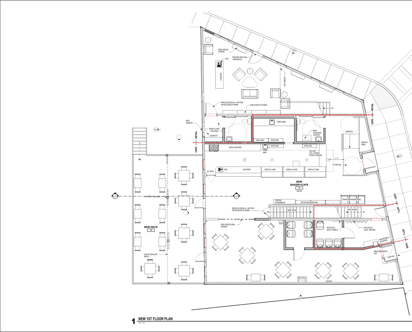 First floor plan — street-level commercial space with cafe seating and rear deck