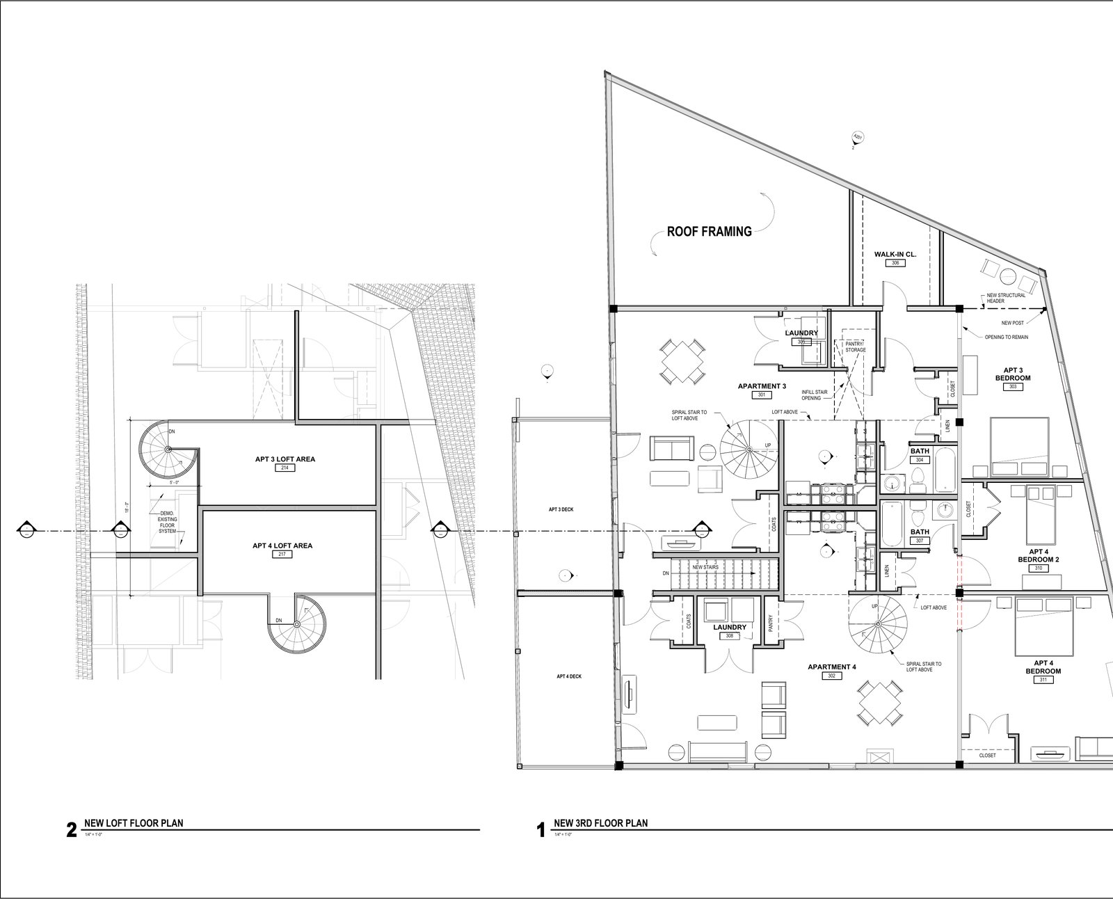 Third floor plan — Apartments 3 and 4 with private loft levels