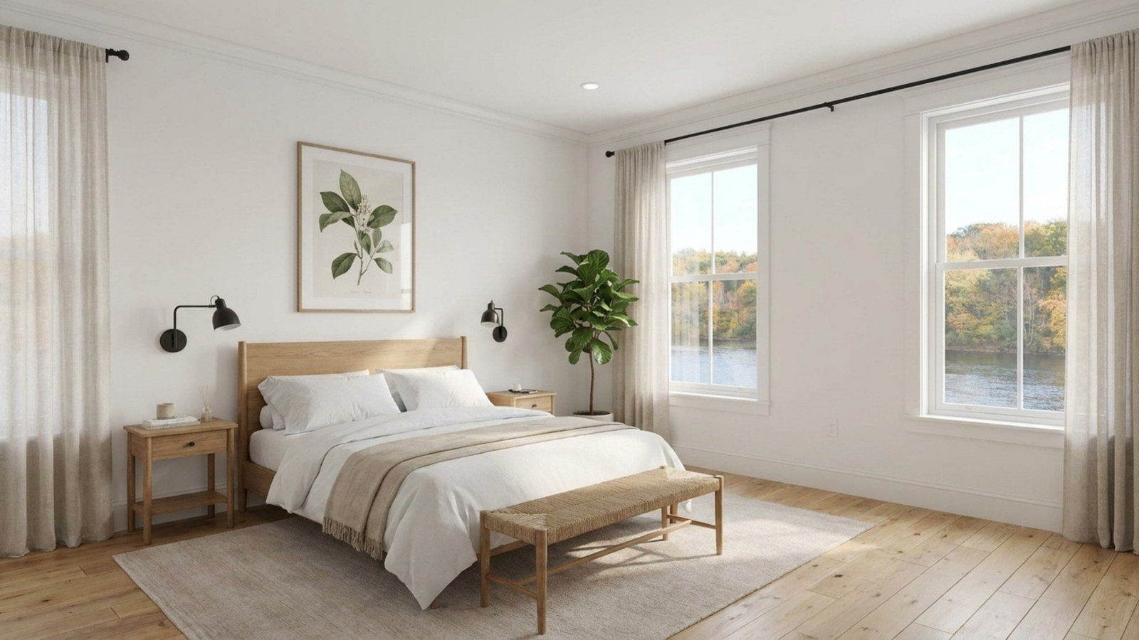Bedroom in one of the Bridge apartments, with river views
