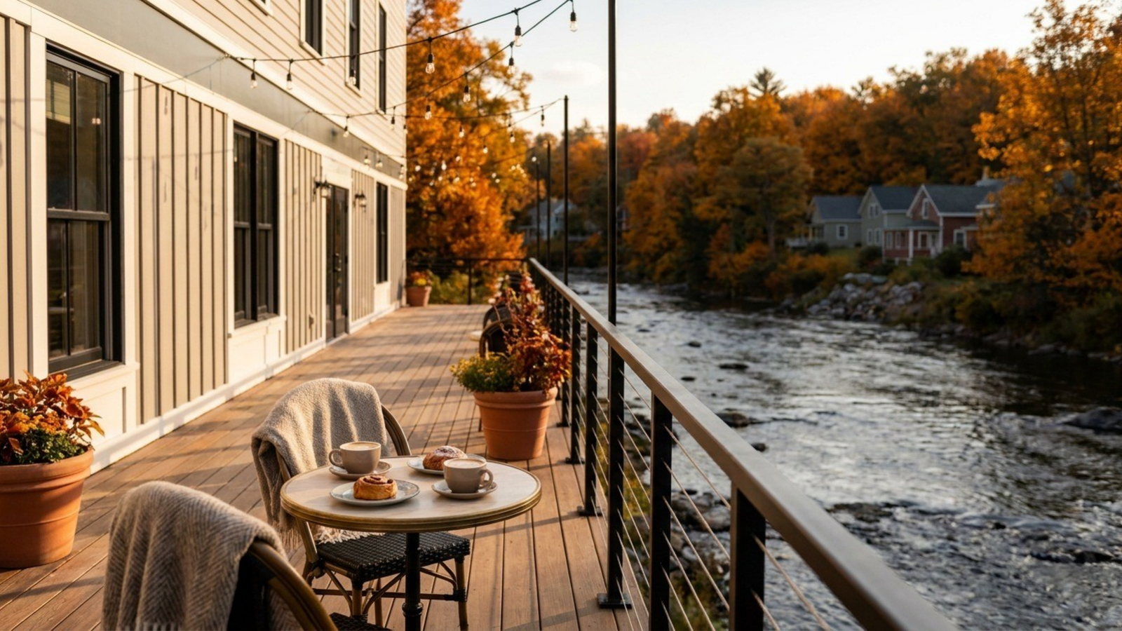 The caf&eacute;&rsquo;s riverside deck at 4817&ndash;19 Salina Street, looking out over the Salmon River
