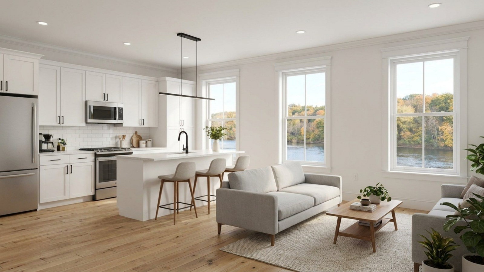 Open living and kitchen area in one of the four apartments, with windows onto the river